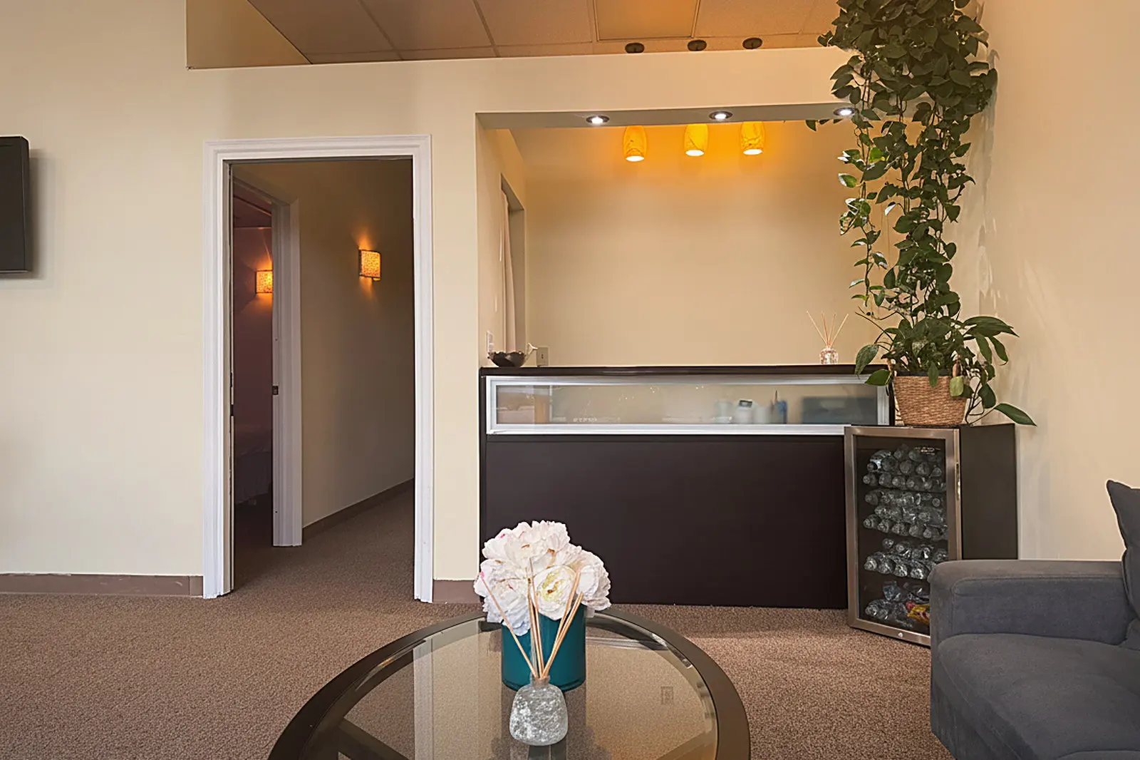 The front desk and hallway at Day Massage in Chaska, Minnesota