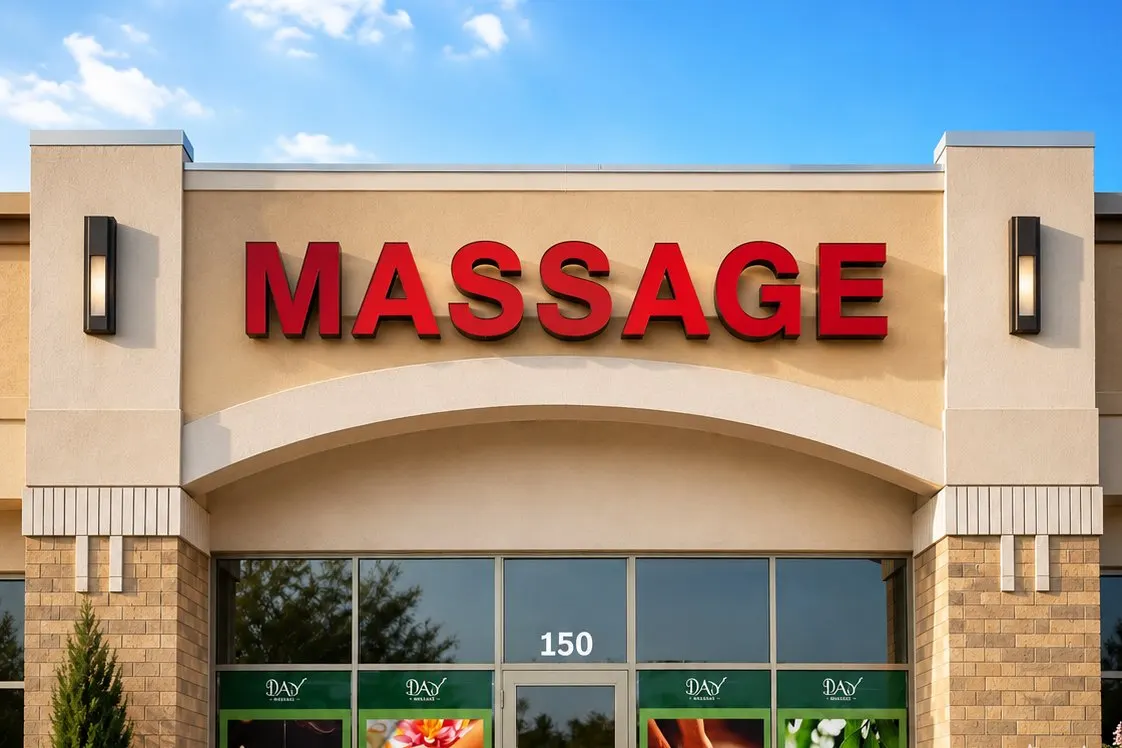 The red MASSAGE sign above the Day Massage storefront in Chaska Commons, Chaska, Minnesota