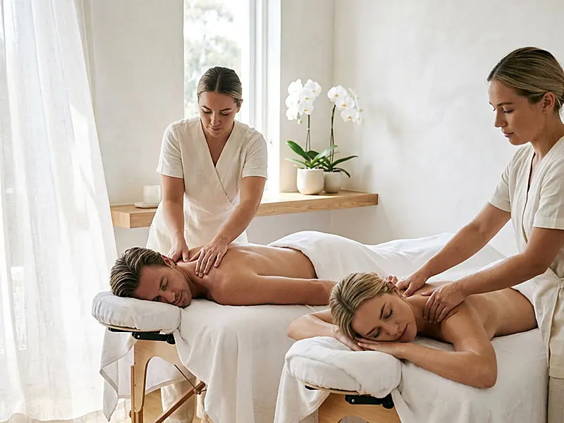 Couples massage — two people on side-by-side tables with two therapists working at the same time