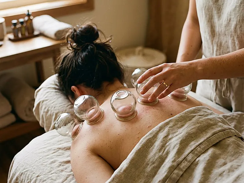 Cupping therapy — a set of glass cups placed across the upper back during a session
