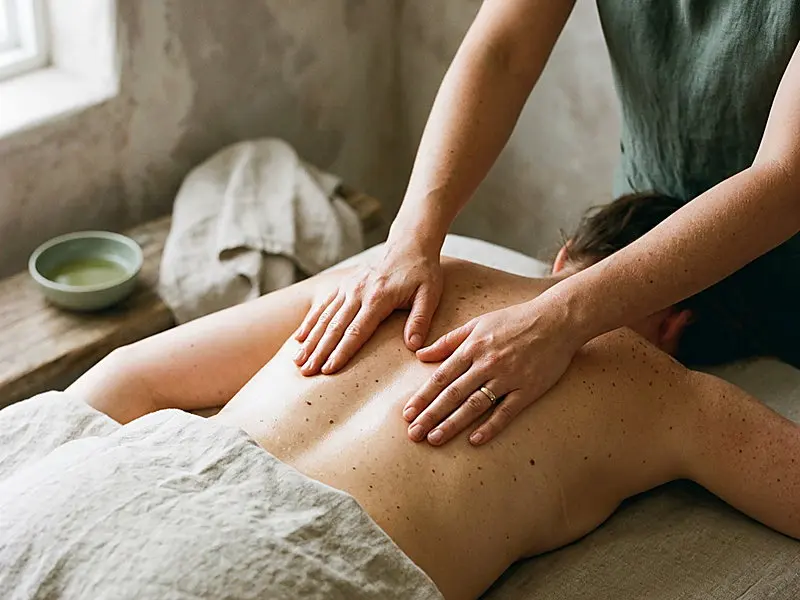 Deep tissue oil massage — a therapist working with both hands along the upper back