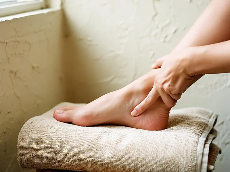 Reflexology — thumb pressure worked into the arch of a bare foot resting on a padded stool